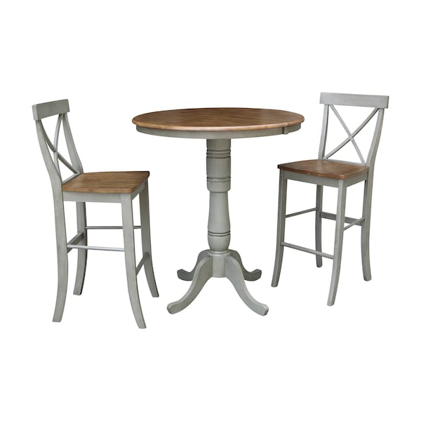 International Concepts Round 36 in Rd Extension Dining Table, 2 X-Back Bar Height Stools, Hickory/Stone, 36 W, 48 L, Wood K41-36RXT-6B-S6133-2 - main